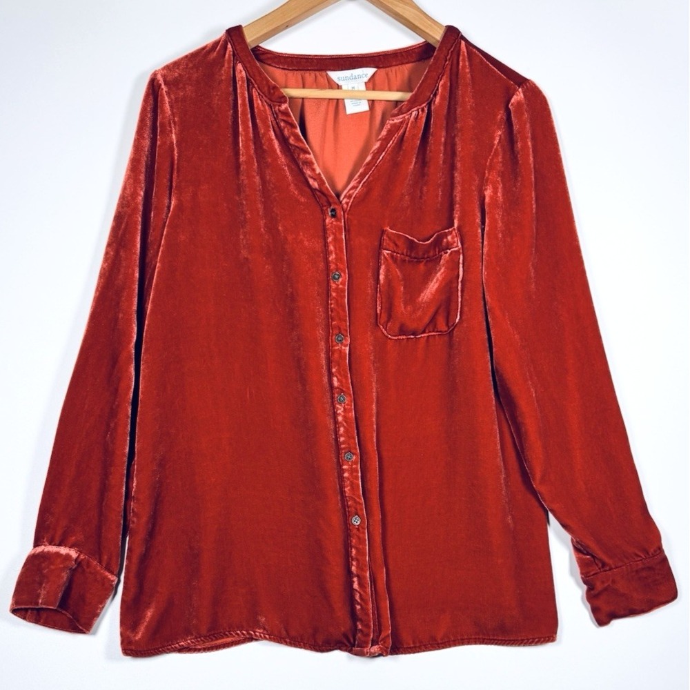 Sundance Womens Silk Blend Velvet Button Down Blouse Medium Rust Orange Soft